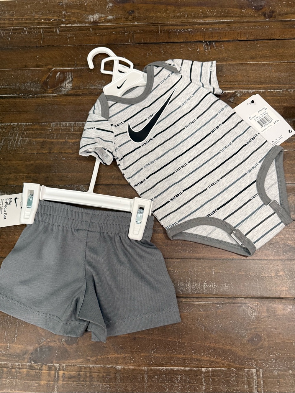 Nike Gray Striped Baby Bodysuit & Charcoal Shorts Set